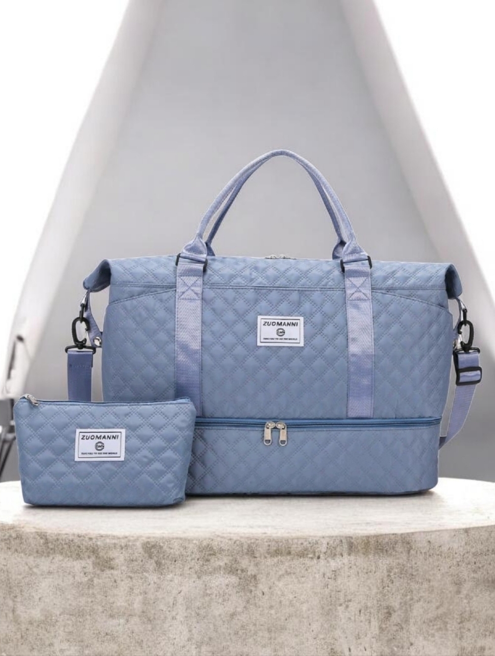 Uoma Beauty Quilted Light Blue Travel Tote with Matching Pouch - Picture 2 of 2